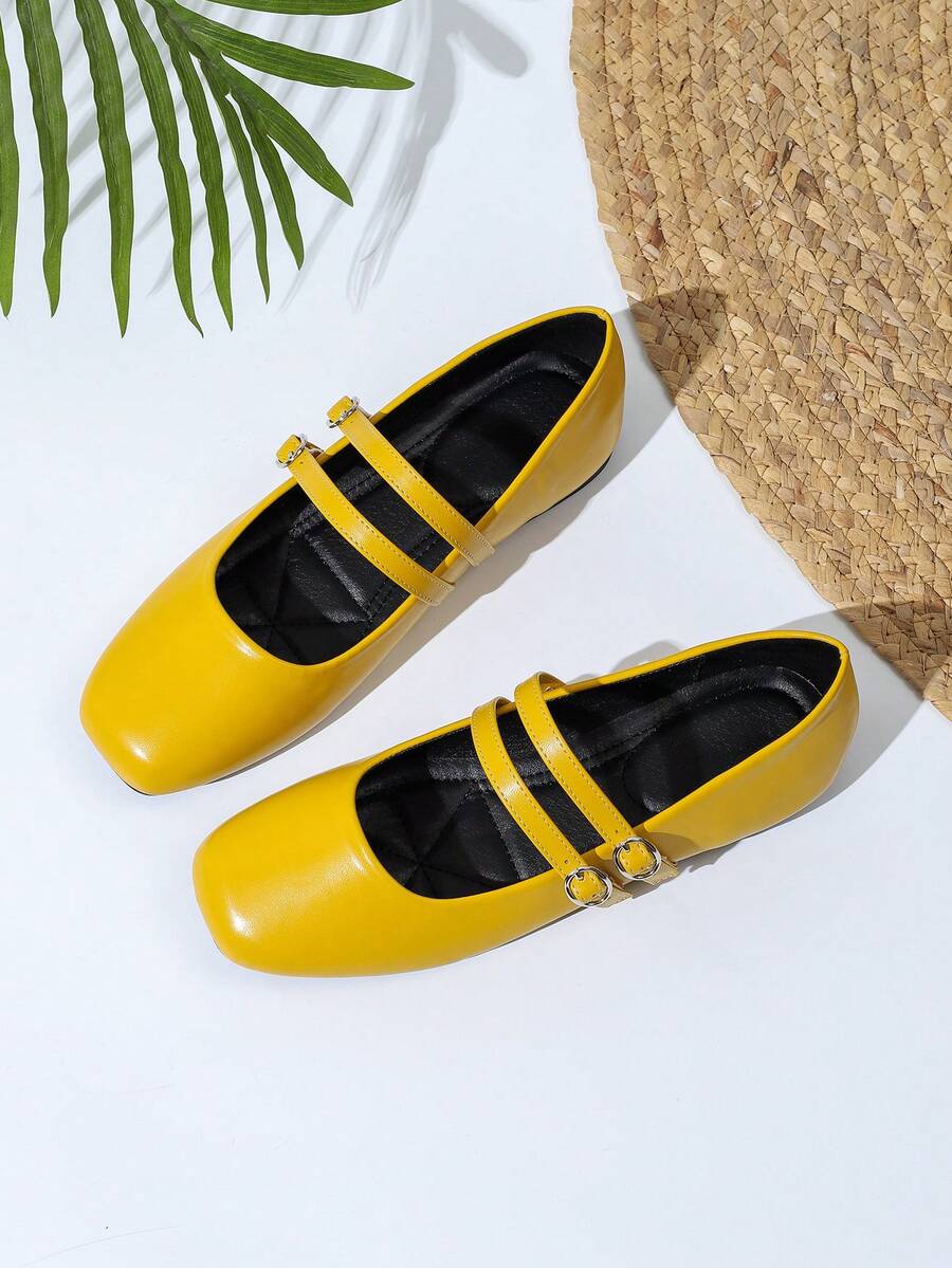 Yellow Mary Jane Vintage Style Double Strap Buckle Flat Shoes, Spring/Autumn - Nghệ - Xem 1