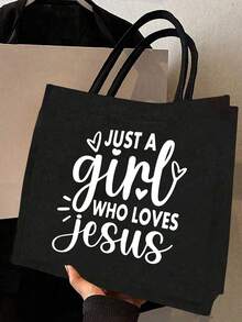 一套轻便手提包和化妆包，女士大容量亚麻托特包 - 简约“Just A Girl Who Loves Jesus”英文字母、心形和十字架图案，基督教主题大容量购物袋，创新设计，宽敞便携休闲手提包 - 彩色 - 查看 2