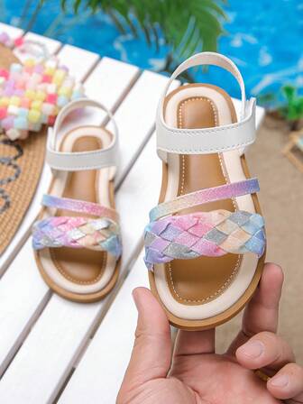 Children's Girls' Rainbow Woven Sandals, Colorful Gree Leather Lightweight Children's Summer Sandals, Open Toe Adjustable With Outdoor Play Shoes, Casual Infant Beach Shoes. It's Perfect For Sunny Days! For Daily Outings: Pair It With A Princess Dress And Jeans. It's Perfect For Strolling In Malls Or Parks, Elegant And Comfortable