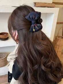 Plaid Bow Vintage Hair Claw Clip, Classic Coffee Brown High-End Fashion Hair Clip For Half Or Full Updo, Thick Hair Bun Claw Clip, Gift Hair Accessory, Retro Chic Classic Winter Hair Clip Women Hair Accessories - 海軍藍 - 查看 6