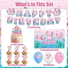D42Pcs Axolotl Birthday Decorations Including Birthday Banner Axolotl Cake Topper Balloons Backdrop Plies Pink Cute Animals Baby Shower Decorations - Hồng346 - Xem 3