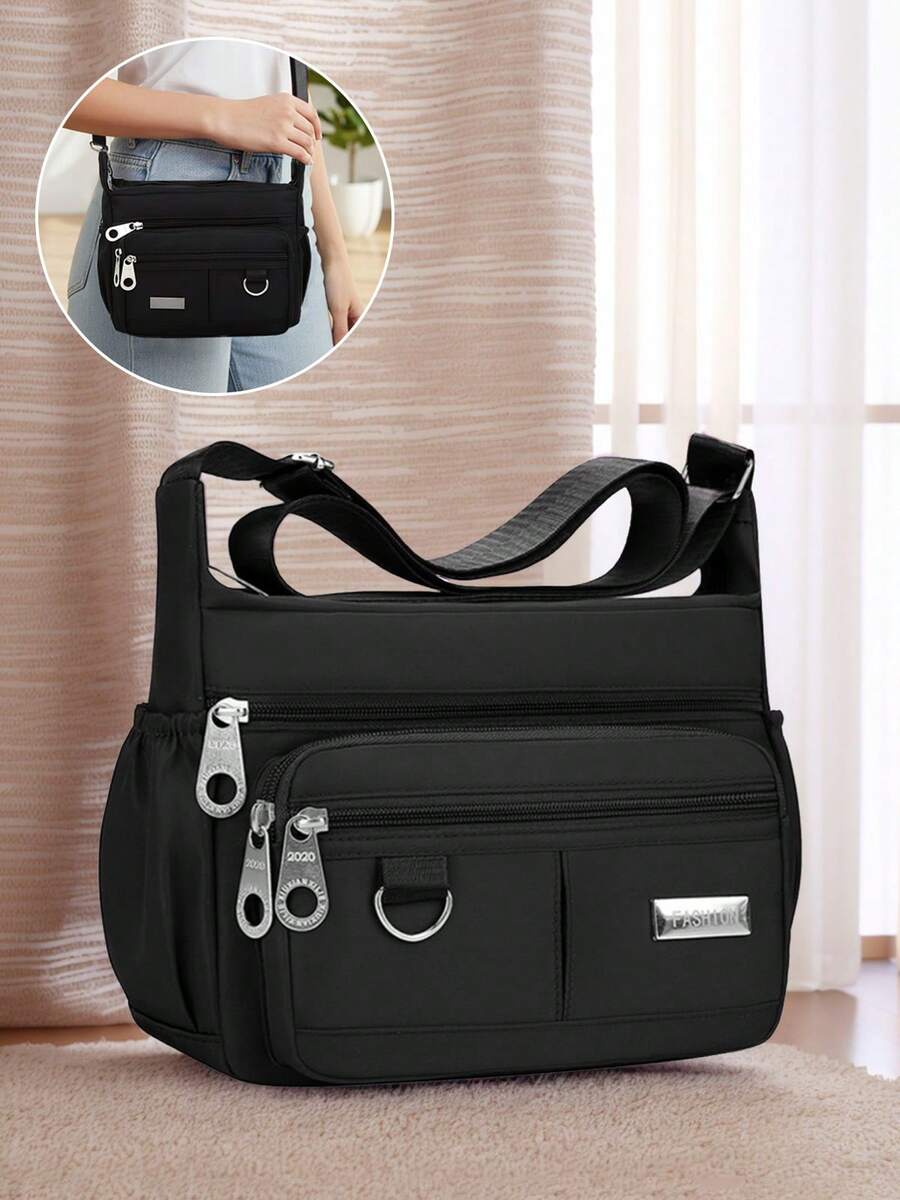 Functional Oxford Shoulder Bag For Women Solid Color Crossbody Bag With Multi-Pocket And Adjustable Strap Medium Bags For Shopping And Christmas Presents - 黑色 - 查看 1