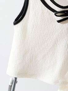 2pcs/Set Young Girls Casual Minimalist Black & White Patchwork Bow Decor Sleeveless Top And Pants Set, Spring/Summer/Autumn - Apricot - View 9