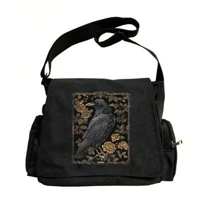 Large Capacity Crow Print Shoulder Bag, Retro Flap Tote Crossbody Messenger Handbag Suitable For Various Occasions - Shopping, Travel, Dining, Gifts, Large Crossbody Bag, Small Ladies Handbag, High-Quality Women's Backpack, Lady's Mini Shoulder Bag, Fabric Material, Fashionable , Laptop Case, School Bag, College-Style Student Attire Shoulder Bag, Suitable For Work, School, And Outdoor Activities