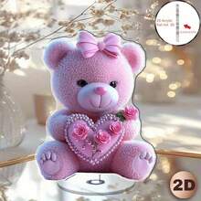 2D Acrylic Pink Bear Desktop Decor With Heart & Rose, Valentine's Gift, Suitable For Home, Office, Cafe, Restaurant - Indoor & Outdoor, Cute Plush Teddy Bear With Pearl Necklace And Pink Bow, Perfect Gift Item, Heart Decor | Acrylic Structure, 3D Figurine, Elegant Decoration, Durable Material, Lightweight Decor, Rose Decor, Romantic Decor - Multicolor - View 2