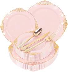 50pcs Pink-Edged Plastic Cutlery Set, Disposable Cutlery, Including 10 10.25-Inch Plates, 10 7.5-Inch Dessert Plates, 10 Knives, 10 Forks, And 10 Spoons. Suitable For Birthday Parties/Weddings/Holiday Gatherings-Christmas. - 粉色 - 查看 10