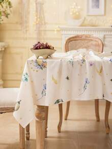 1pc Elegant Beige Rectangular Tablecloth, Featuring Colorful Lanterns, Floral Patterns And Golden Moon Design, Machine Washable, Suitable For Dining Table, Coffee Table, Kitchen, Dining Room, Living Room, Parties, Celebrations, Festivals, Gifts - Multicolor - View 2