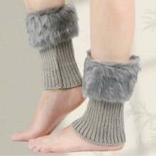 2PCS Women's Knitted Socks Cover Cropped Flap Burr Leg Cover Autumn And Winter Warm Knitted Woolen Boot Cover Christmas Calf Cover - 灰色 2 雙 - 查看 5