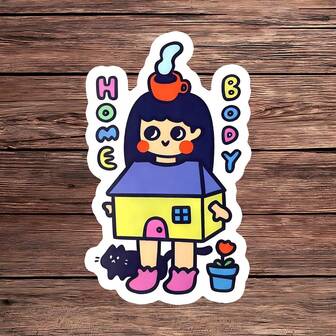 1 Stück süßer Homebody Mädchen Aufkleber, Haus Körper Introvertiert Laptop Aufkleber, gemütlich Kawaii Vinyl, Bleib Zuhause Geschenk, wasserfester Wasserflasche Aufkleber, langanhaltend Thermobecher Akzent, angesagter Homebody Katze Notizbuch Aufkleber, perfektes Geschenk für schüchterne Freundinnen, Kaffee Katze Auto Aufkleber, Introvertiert Leben Wasserflasche Vinyl