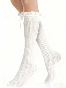 2pairWomen's Lace Knee High Socks, Girls' Pleated Knee High Socks, Black And White Mesh Fishing Net Stockings - 705 - View 9