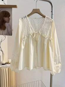 Plus Size Women's Elegant Embroidered Beige Lace Trim Ruffle Blouse - Beige - View 6