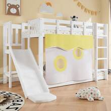 Wooden Bunk Bed With Ladder And Railing, With Curtain, Slide, Children's Bed With Fall Protection And Railing, MDF+Pine, White, 90x200cm - 白色 - 查看 12