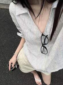 女士拉链条纹翻领衬衫，宽松优雅上衣，简约休闲开衫上衣 - 黑色 - 查看 2