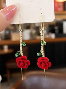 2 Pcs Gold-Plated, Diamond-Encrusted Red Rose Earrings. Simple And Stylish Design, Suitable For Everyday Wear, Parties, Or As A Small Gift For Friends And Family. - Multicolor - View 2
