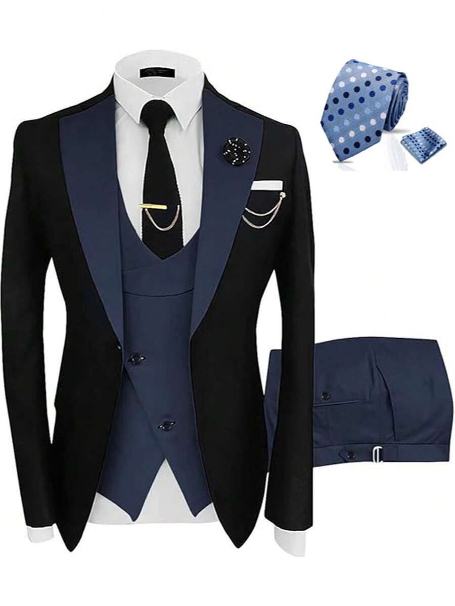 Tuxedo For Men 3 Piece Men's Suits Slim Fit Mens Suit Double Breasted Tux Blazer Vest Pants Wedding Suits Man - Navy with Tie - 查看 1