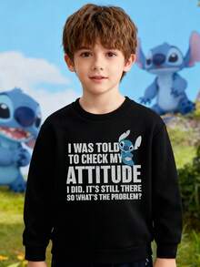 Disney Stitch Letter Pattern Print, Soft And Warm Boys' Hoodie, Suitable For Boys' Daily Wear, Parent-Child Outings And Other Scenarios. - 黑色 - 查看 2