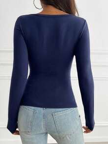 Women's T-Shirt Y2K Fall Clothes Casual Daily Sexy Solid Color Lace Contrasting Color Slim Long Sleeve V-Neck Top - 藍色 - 查看 2