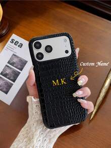 Personalized Luxury Gradient Dual-Tone Crocodile Texture Leather Phone Case, New 17 Black Minimalist Retro Couple Phone Case, Customized Letter Name, Compatible With 17 16 15 14 13 12 11 Pro XS Max X XR Plus, Great Birthday Gift, Holiday Gift, Gift For Him/Her, Personalized Gift, / Customized Product, Anniversary/Wedding Gift, Personalized Gift For Parents,Cute Phone Cases ,Aesthetic, Case - Black - View 10