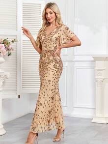 hezixi Elegant Sequin Sexy Short Sleeve Flare Sleeve Evening Dress, Women's Long Mermaid Formal Ball Gown Luxury Wedding Party Cocktail Dress - Champagne - View 9