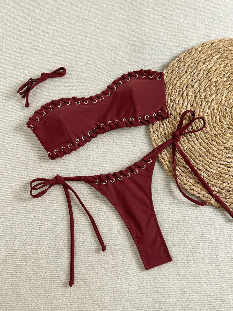 2pcs Geometric Pattern & Tropical Floral Print Casual Cute Elegant Sexy Bohemian Style Wrap Bikini Set, Women Beach Holiday Swimwear, Spring/Summer Vacation - Brown - View 1