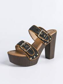 Women Fashion Chunky Platform Block High Heel Summer Sandal With Ankle Strap And Stud Peep Toe Mule Sandals Heel Shoes - 黑色 - 查看 7
