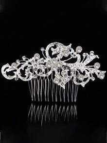 1 pieza Peine de cabello para boda hecho a mano con cristales, diseño vintage de flor, hoja y mariposa, accesorio de cabello nupcial para el Día de San Valentín - Plateado - Ver 16