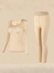 2-Piece Women's Thermal Underwear Set For Autumn And Winter: Women's Top + Pants Adult Round Neck Underwear Set - 杏色 - 查看 1