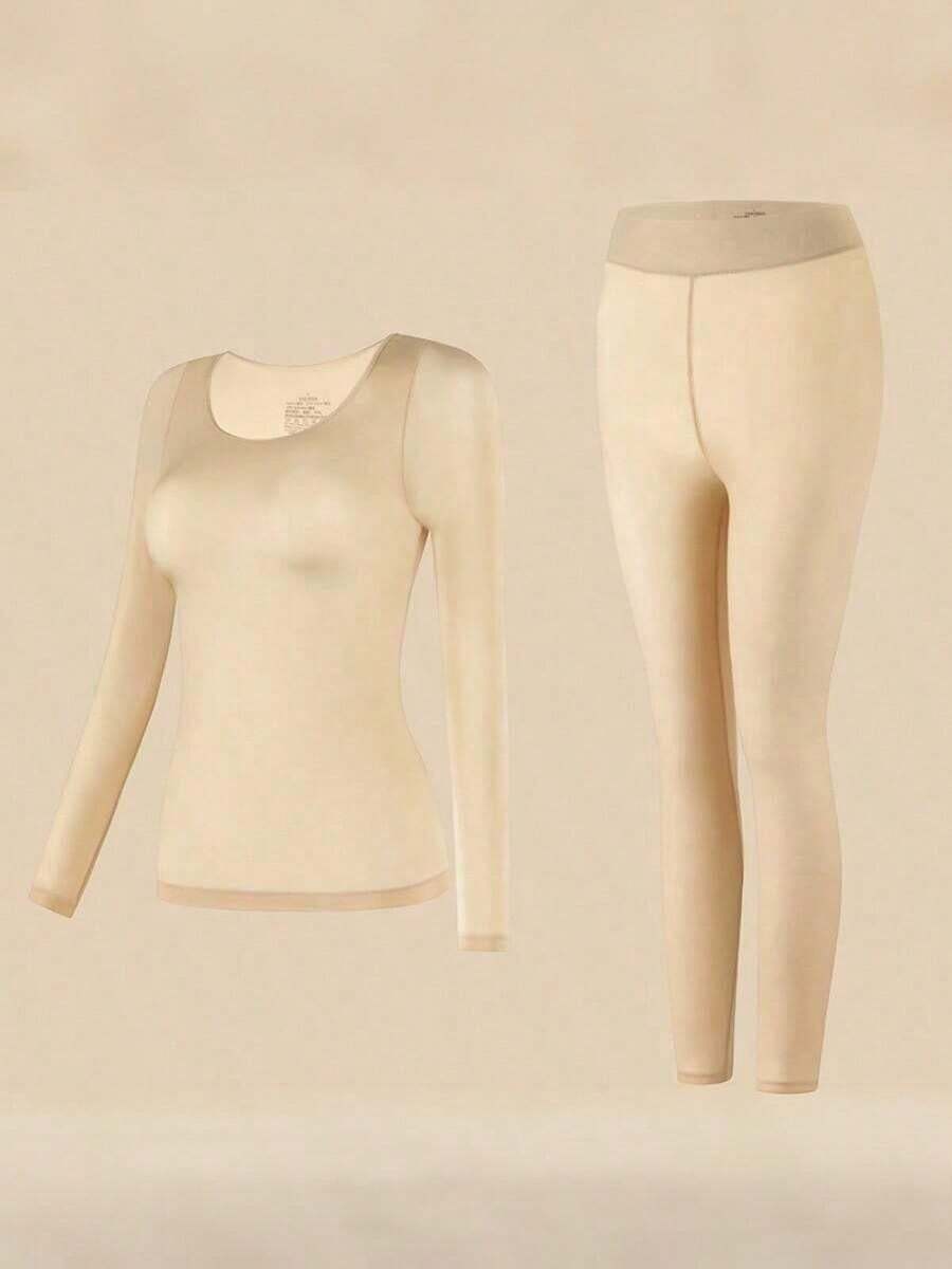 2-Piece Women's Thermal Underwear Set For Autumn And Winter: Women's Top + Pants Adult Round Neck Underwear Set - 杏色 - 查看 1