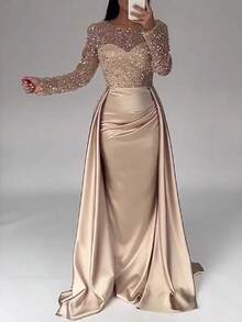Banquet Long-Sleeved Temperament Socialites Annual Meeting Aura Queen Sequined Evening Dress - Gold - View 1