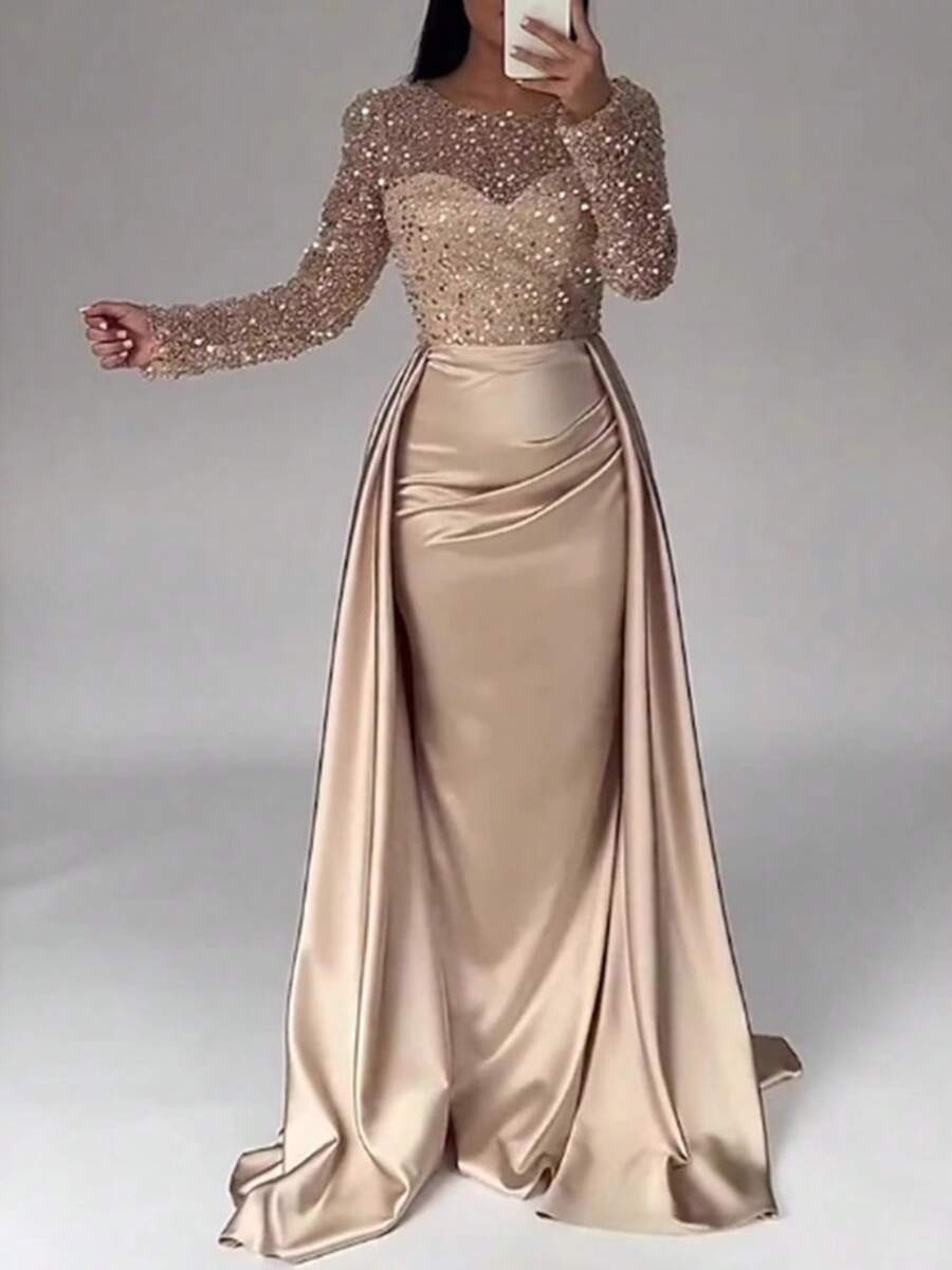 Banquet Long-Sleeved Temperament Socialites Annual Meeting Aura Queen Sequined Evening Dress - Gold - View 1