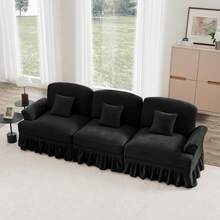 Canapé 3 places d'inspiration mid-century en chenille noire - Élégance rétro avec ses accoudoirs entonnoir, sa jupe à volants amovible et ses pieds fuseau emblématiques - défaut - Voir 4