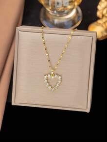1pc Stainless Steel Gold-Plated Chain Cubic Zirconia Cat Eye Stone Clover Pendant Niche Fashionable Necklace, Unisex Casual/Party/Holiday Wear (OPP Bag Packaging) - Yellow Gold - View 5
