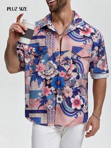 1pc Men's Printed Lapel Single-Breasted Long Sleeve Casual Shirt, Fashionable Plus Size Vacation Shirt, Elegant Party Attire - Multicolor - View 3