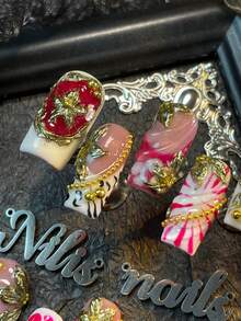 10片装方形美甲贴片套装，粉色、红色、白色美甲贴片，白色玫瑰法式美甲贴片，3D立体花朵及彩色钻石美甲配件装饰，手绘豹纹、斑点及几何图案设计，可爱韩版Y2K风格美甲套装，适合女生使用，附赠1个迷你指甲锉和1张双面胶标签。美甲用品 - 彩色 - 查看 7