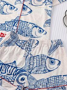 Marira 2pcs Wearable Women Pajama Set, Fish Print, Soft Fabric, Short Sleeve Shirt Collar Button Top And Elastic Shorts, Stylish Sleepwear For Holiday Party, Casual Outdoor & Indoor Wear For Women - 杏色 - 查看 6
