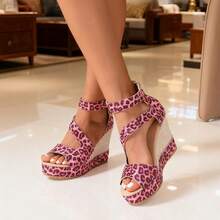 Women's Peep-Toe Thick Bottom Wedge High Heel Sandals, Waterproof Platform Peep Toe Roman Shoes, Summer - Pink Leopard Print - View 3