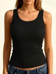 1pc Basic Solid Color Camisole With Built-In Bra, Sleeveless Round Neck Tank Top - Black - View 3