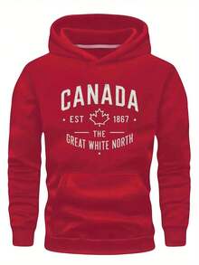 Sudadera con capucha oversize para hombres con diseño de hoja de arce canadiense y patrón de "Gran Norte Blanco" - Negro, sudadera casual de corte holgado, lavable a máquina, cómoda para uso diario, ropa con temática canadiense, tela no elástica, talla grande. - Blanco - Ver 12