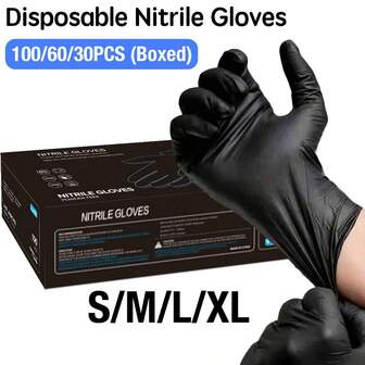 100/60/30pcs/Box Black Disposable Nitrile Gloves, Suitable For Household Cleaning, Kitchen, Bathroom, Pet Care, Tattoo, Beauty, Hair Dye, Salon, Cleaning Supplies, Home Tools