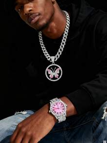 European And American Hip-Hop Style Jewelry Set For Men, Including Pink Sexy Tongue Lips Pendant, Butterfly Pendant, Heart Wing Pendant Paired With Pink Watch, Ideal Gift For Festivals And Parties - Pink - View 3