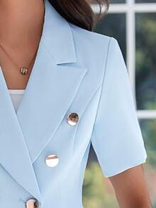 2pcs/Set Double-Breasted Suit Dress, Short Sleeve, High-Quality Elegant Professional Fitted Commuter Flat Lapel Comfortable Versatile Suit Dress Summer - Blue - View 6