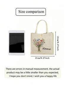 Customizable Linen Tote Bag, Personalized Name & Floral Wreath Pattern, Button Decor, Large Capacity Handbag, Foldable Travel Shopping Bag, Tote - Multicolor - View 8