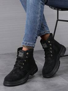 Damen Outdoor Knöchelstiefel, Veloursleder, Lässig & Bequem, einfarbige Mode Stiefel, geeignet für Herbst/Winter, ganzjährig, rutschfest, runde Zehenform, Retro, Schnürung, Sportschnürung mit Metalleyelets, Hausschuhe - Schwarz - Übersicht 1