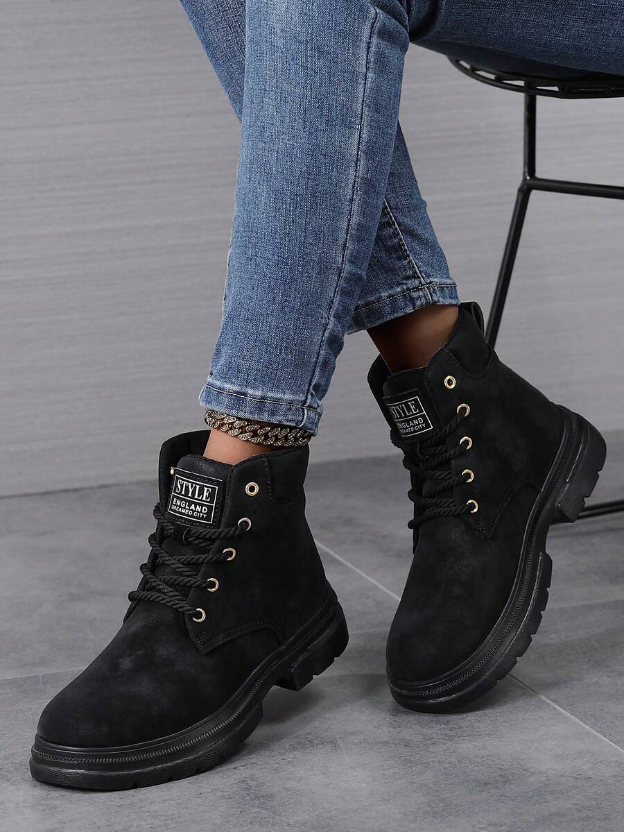 Damen Outdoor Knöchelstiefel, Veloursleder, Lässig & Bequem, einfarbige Mode Stiefel, geeignet für Herbst/Winter, ganzjährig, rutschfest, runde Zehenform, Retro, Schnürung, Sportschnürung mit Metalleyelets, Hausschuhe - Schwarz - Übersicht 1