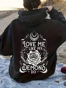 2026 AChristmas Outfit WomenWomen's Heavyweight Hoodie - Gothic Love Me Like My Demons Print Sweatshirt, Loose Fit Pullover Hoodie With Pocket & Drawstring Hood, Long Sleeve Winter Sweater For WomenLoose And Comfortablewinter Clothes For Women - Đen 23 - Xem 7