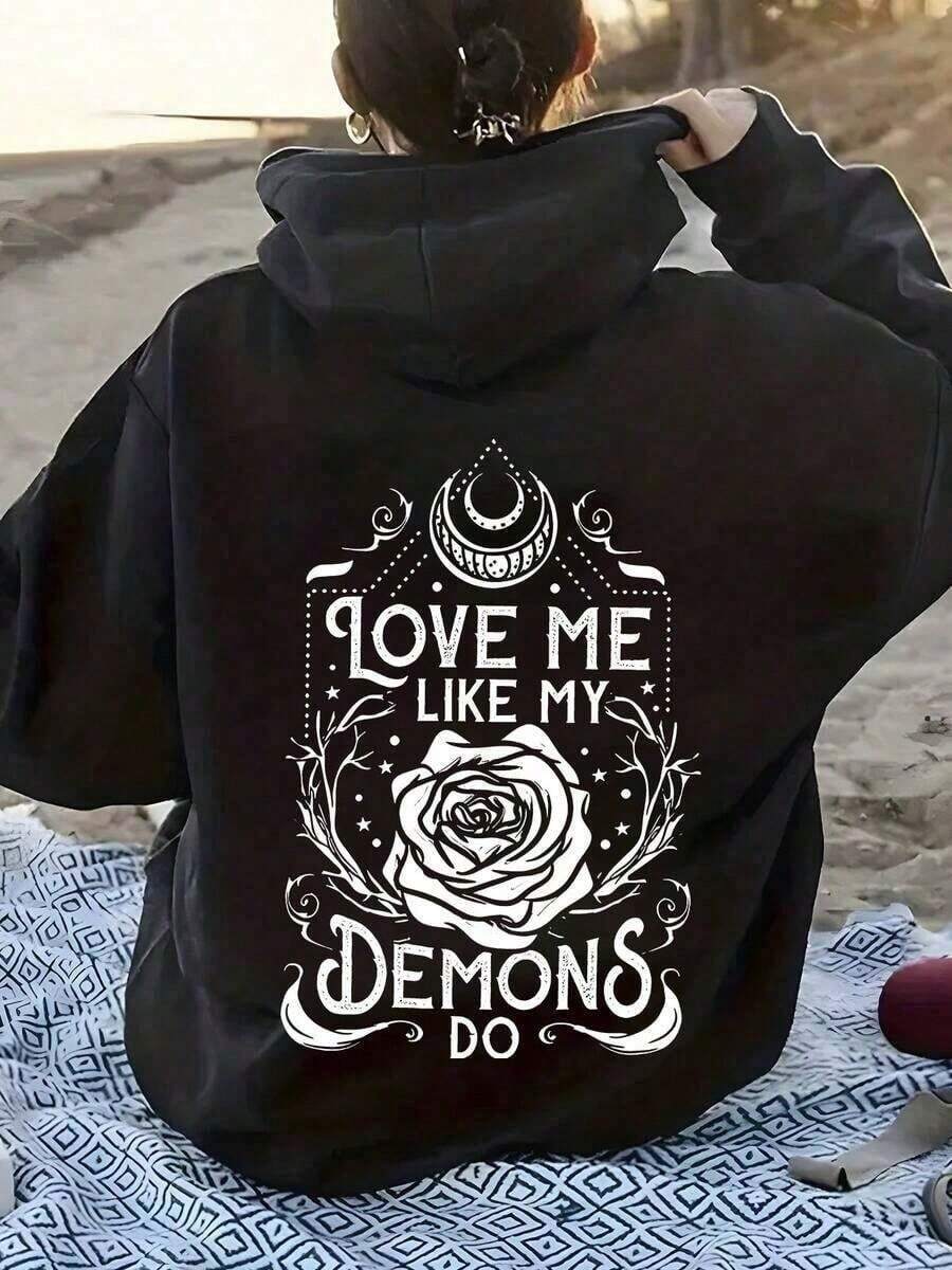 2026 AChristmas Outfit WomenWomen's Heavyweight Hoodie - Gothic Love Me Like My Demons Print Sweatshirt, Loose Fit Pullover Hoodie With Pocket & Drawstring Hood, Long Sleeve Winter Sweater For WomenLoose And Comfortablewinter Clothes For Women - 黑色 29 - 查看 1