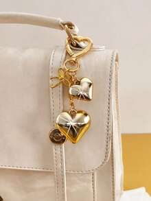 1pc Gold/Silver 3D Alloy Heart-Shaped Keychain Bow Keychain Bag Pendant Car Keychain Couple Keychain Suitable For Holiday Gifts Daily Wear Women's Jewelry, Car Key Pendants, Daily Wear Accessories, Bow Keychain, Elegant Design, Light Charm, Durable Metal, Gift Keychain, Heart-Shaped Keychain, Women's Fashion, Accessories Lovers, Valentine's Day Gifts, Christmas And New Year Gifts, Also An Ideal Gift For Women And Men - Multicolor - View 3