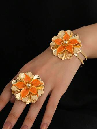 1 Set Fashionable Retro Geometric 3D Floral Rhinestone Bracelet, Bangle, Ring Jewelry Set, Gift For Women