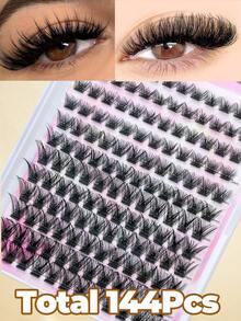 Colash-12 filas 144 piezas de racimos de pestañas individuales con rizo D de 8-16 mm. Kit de extensión de pestañas individuales extra gruesas, esponjosas y de aspecto natural reutilizables para uso personal en el hogar o en movimiento para la vida diaria, bodas, citas, fiestas, viajes y primavera. Racimos de pestañas, pestañas individuales, pestañas postizas - Negro - Ver 2