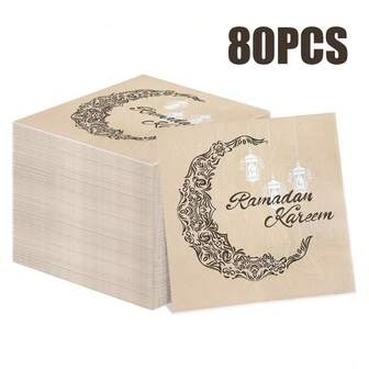 80/40/20片装，13*13英寸斋月主题一次性餐巾纸，印有“Ramadan Kareem”字样，精美月亮雕刻和悬挂灯笼图案设计，适用于开斋节庆祝活动、宴会、家庭聚会、朋友聚餐和斋月用餐期间的餐厅装饰。